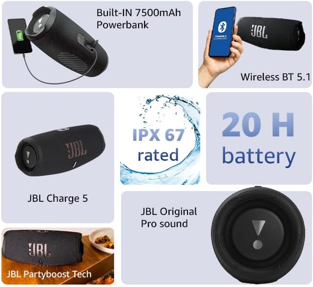 JBL Charge 5 - Portable Bluetooth Speaker, IP67 waterproof and dustproof, built-in power bank,  Black