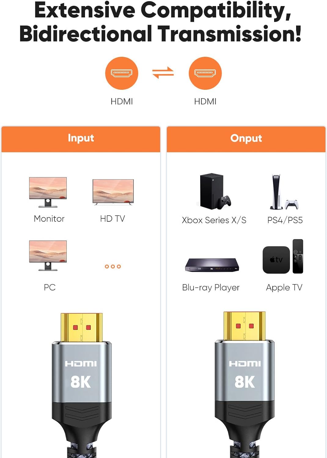 2m 8K hdmi cable Snowkids, 8K 2.1 cable, 8K@60Hz hdmi, 4K@120Hz, eARC HDR10 4:4:4| 21:9, HDCP 2.2/2.3 Dolby, 3D, VRR, Ethernet, Compatible with Latest game console/Roku TV/HDTV/Blu-ray