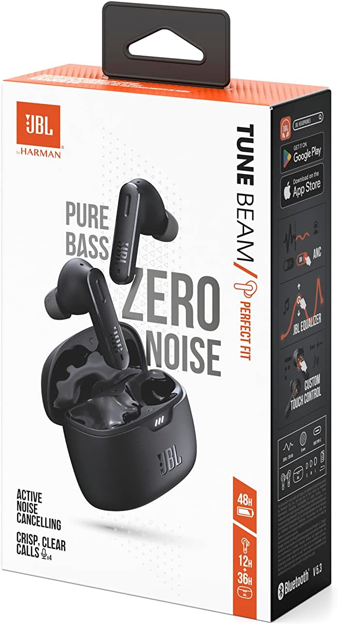 JBL Tune Beam Earphones, Bluetooth and Wireless, Water Resistant and Noise Cancelling with up to 48 Hours Battery Life, Black